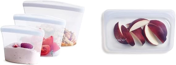 Stasher Silicone Reusable Storage Bag, Bundle 3-Pack Bowls & Silicone Reusable Storage Bag, Snack (Clear) | Food Meal Prep Storage Container | Lunch, Travel, Makeup, Gym Bag | Freezer