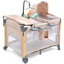 JOYMOR 7 in 1 Bedside Bassinet with Changing Table, All in One Nursery Center, Bedside Sleeper with Mattress, Sheet, Canopy, Storage Shelf (Beige)