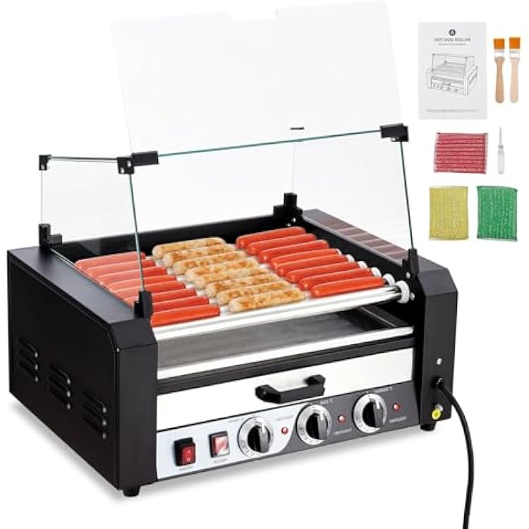 Hot Dog Roller 9 Rollers 24 Hot Dogs Capacity, 1650W Stainless Sausage Grill Cooker Machine with Removable Oil Drip Tray Dual Temp Control and Glass Hood Cover, Hot Dog Machine for Commercial & Party