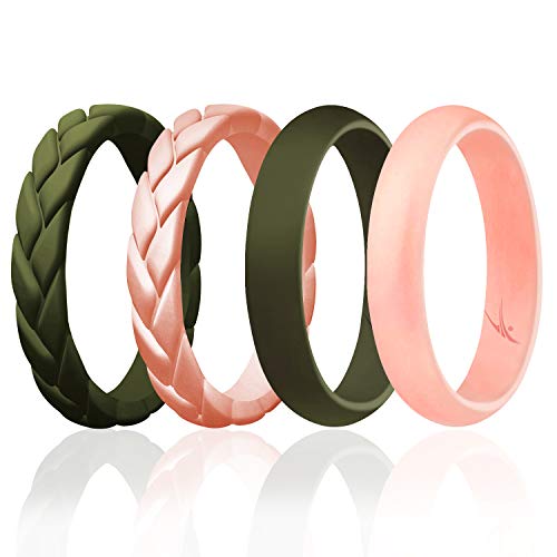ROQ Silicone Rubber Wedding Ring for Women, Thin Stackable Braided Flame Leaves & Dome, Rubber Silicone Wedding Band, Anniversary Rings, Promise Ring, 45.5mm Wide 2mm Thick, Multicolor