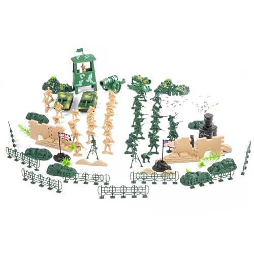 90Pcs Military Figures and Accessories - Toy Soldiers in 2 Colors, Tanks, Cannons, Fighters Playset with 2 Flags and Battlefield Accessories