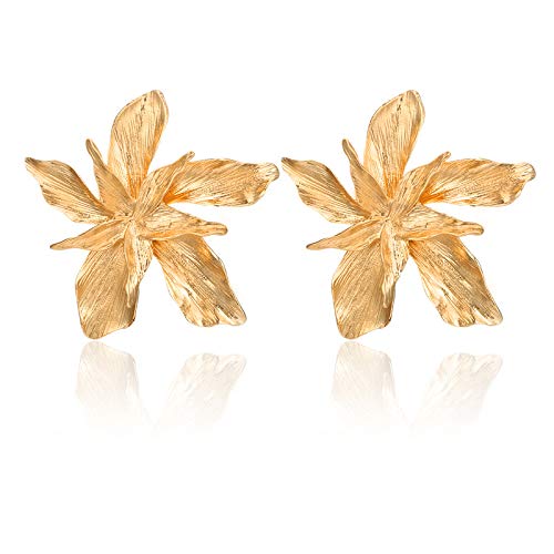 Bohemian Gold Dangle Earring - Cute Metal Flower Earrings - Unique Chic 3D Large Flower Jewelry Gift for Women