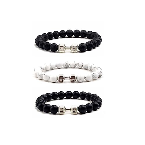 Black Dumbbell Bracelet for Men Gym Bros Fitness Barbell Bracelet 3PCS Natural Volcanic Lava Stone Adjustable Black Obsidian Fitness Jewelry for Women Silver