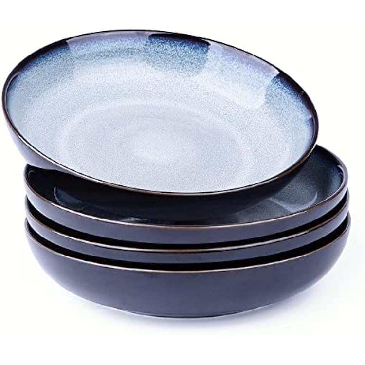 LERATIO Pasta Bowls,Ceramic 38oz Pasta Bowls,9.0 Reactive Glaze Pasta Bowl Set of 4,Microwave & Dishwasher,Oven Safe,Large Wide Serving Bowls for Salad, Dessert, Pizza, Fruit,Gray White
