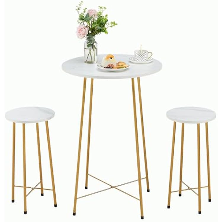 VECELO 3 Piece Pub Table and Chairs Sets Counter Height Bistro Bar Sets with 2 Barstools for Kitchen Breakfast Nook, Small Space, Apartment, Breakfast Dinner Restaurant, Gold