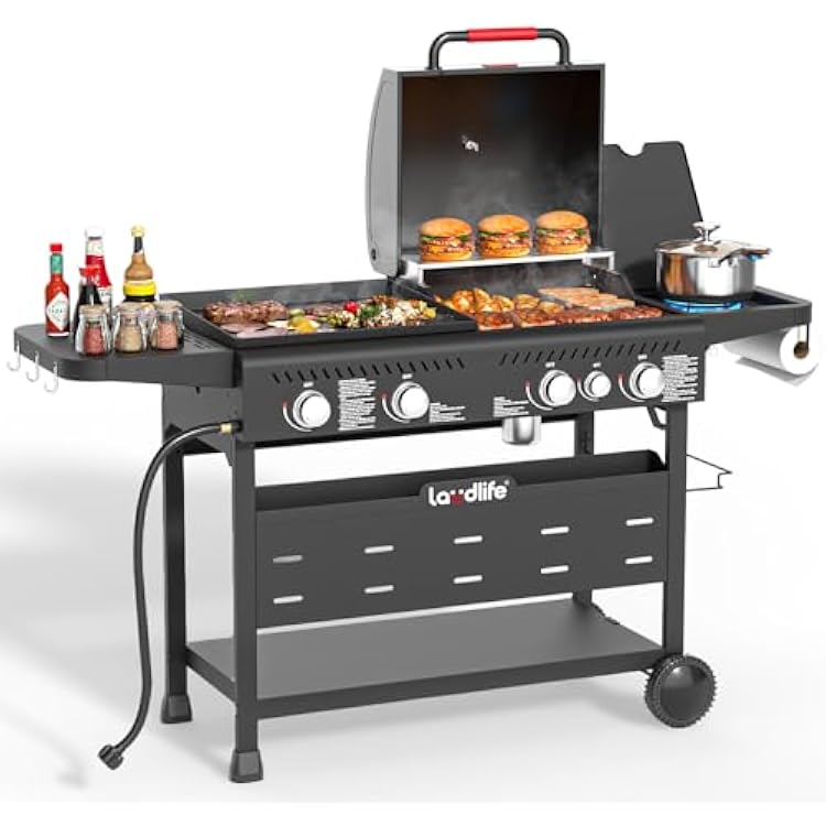 LAUDLIFE Propane Gas Griddle Grill Combo with Side Burner, Non-Stick Porcelain-Enameled Cast Iron Grate & Pan, 5 Burners Dual BBQ Grills, 702 SQ.IN Cooking Area, Heavy-Duty Stand for Backyard