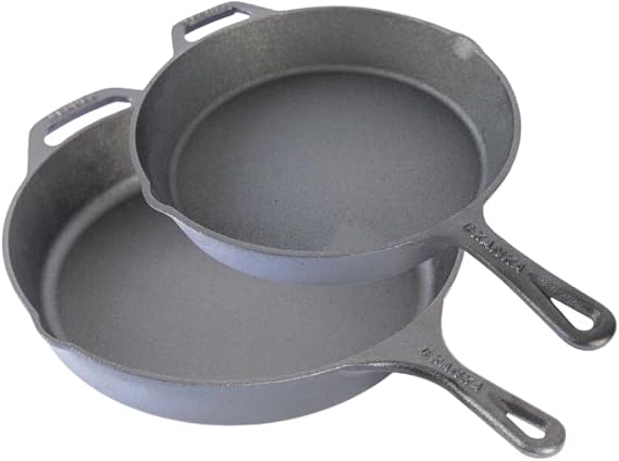 KANKA Cast Iron Skillet Set Pre-Seasoned 10 Inch & 12 Inch Cast Iron Frying Pans Iron Skillet Set for Stove, Oven, Grill & Searing Pan Cooking Includes Silicone Handles & Scrapers