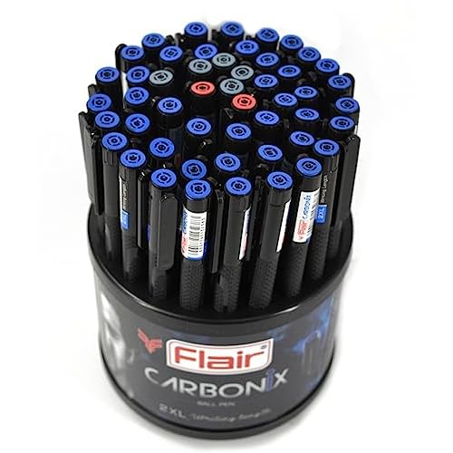 Flair Carbonix 0.7mm Ball Pen Tumbler | Liquid Ink Light Weight Pen | Comfortable Grip With Extra Smooth Writing Experience | Attractive Black Body | Blue, Black & Red Ink, Pack of 50 Pens