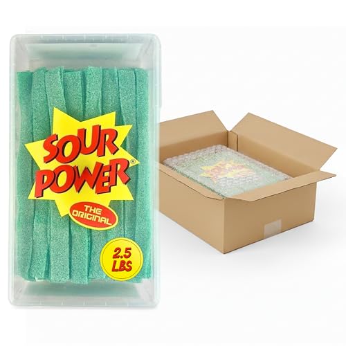 Sour Power Green Apple Candy Belts, 2.5 lb Bulk Tub Resealable, Vegan Sour Candy Since 1985, Soft Chewy Sweet Tart Belts, Non-GMO Gelatin Free, Bubble Wrapped & Boxed for Shipping