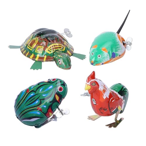 Toyvian 4Pcs Vintage Tin Toys Clockwork Toys Metal Clockwork Spring Wind up Metal Jumping Animal Rooster Turtle Interesting Random Style and Color