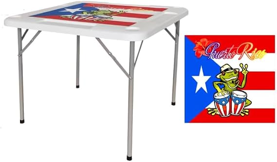 35x35 Inch Folding Table with Puerto Rico Print Mahjong Table Square 4 Player Folding Card Table with 4 Cup Holders & 4 Chip Trays Portable Domino Game Table