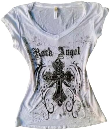 レディース Y2k ゴシック Vネック Tシャツ ダーク 美的 グラフィック スリムフィット ストリートウェア トップ 半袖 パンク 2000年代シャツ