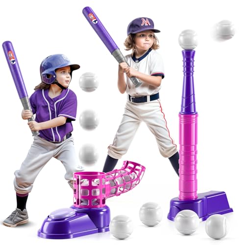 2 in 1 T Ball Sets for Kids 3-5,Tee Ball Set with 10 Balls,Step on Pitching Machine,Teeball Batting Tee,Baseball Toys OutdoorIndoor Sport Toys Gift for 3 4 5 6 7 8 Year Old Kids Girls