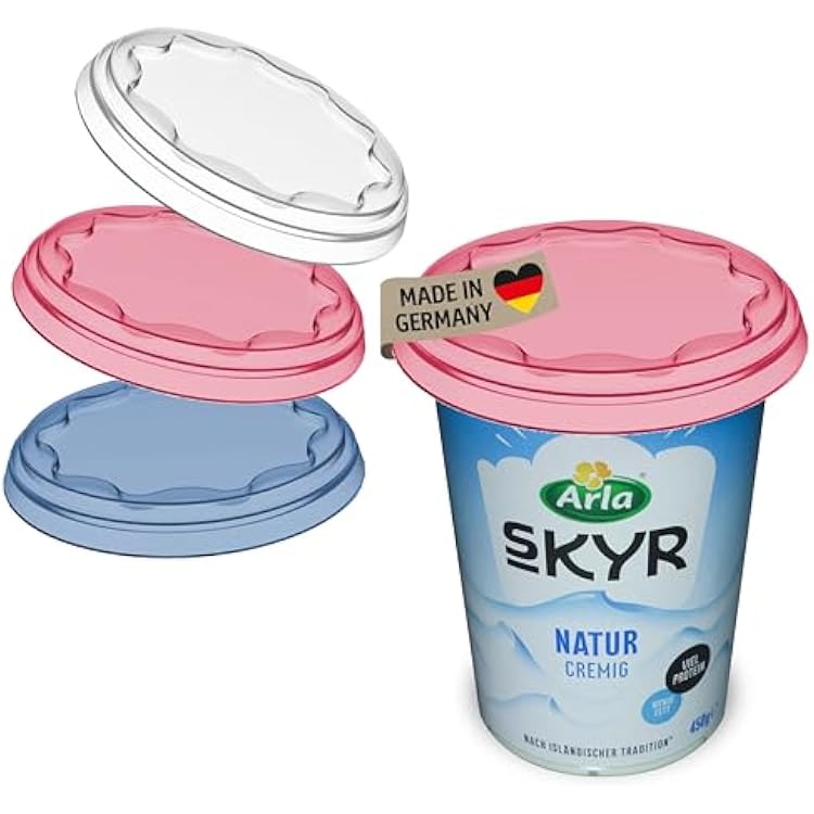 Koziol Reusable Fresh Lids Set of 3 Robust & Stretchy Cover for Yoghurt Cups 500 ml Reusable, Transparent & Dishwasher Safe Blue Red White