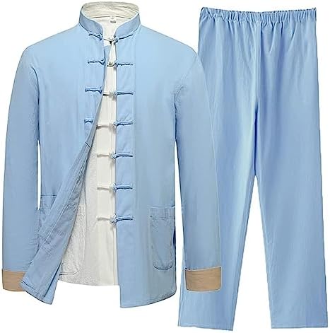 Chinese kung fu suit,tai chi suit,Cotton Linen Tai Chi Uniform Men Long Sleeve Chinese Traditional Clothes Including Shirts, Pants, Jackets Tang Suit Hanfu Martial Arts Suit Elderl Color : Blu, S