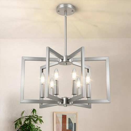 6-Light Brushed Nickel Chandelier, Farmhouse Dining Room Light Fixture, Modern Chandelier, Geometric Industrial Metal Hang Lighting Fixture for Foyer Entryway Kitchen Over Table Hallway Living Room