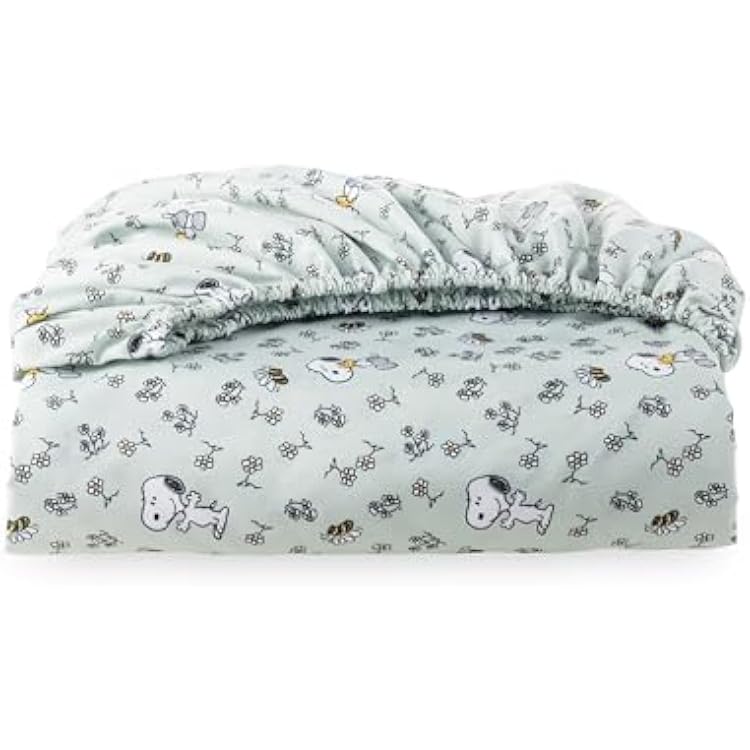 Berkshire Blanket Peanuts Fitted Sheet Queen SizeOnly, Cute Character Snoopy Microfiber Sheet with Deep Pocket, Soft and Breathable, Mini Snoopy & Woodstock New Flower and Bees Sage