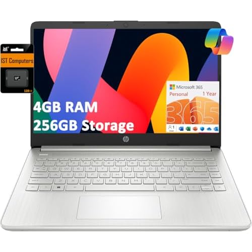 HP 14 Laptop 14 HD, Intel Celeron N4120, 4GB RAM, 256GB Storage 128GB eMMC  128GB SD Card School & Business, 11-Hour Battery Life, 1-Year Office 365, Win 11 Home S wAI Copilot, Silver