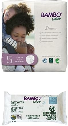 Bambo Nature Premium Baby Diapers, Size 5 + Bambo Nature 99% Biobased Water Wipes - Case of Each