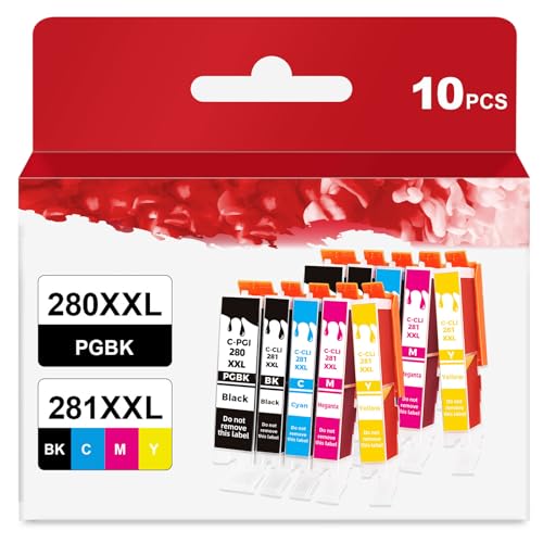 10 Pack 280XXL 281XXL 280 281 XXL Ink Cartridge to TR8620a TR8600 TR8620 TR8520 Ink Replacement for Canon PGI-280 CLI-281 XL to TR7520 TS702a TS9520 TS9521C TS6120 TS6220 TS9120 TS6320 TS8220 Printer