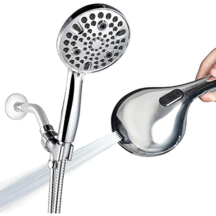 High Pressure Handheld Shower Head, 10-Setting Showerhead, 4.7Detachable Showerhead Set with 5ft Hose, Adjustable Bracket and Built-in Power Wash to Clean Tub, Tile & Pets - Polished Chrome