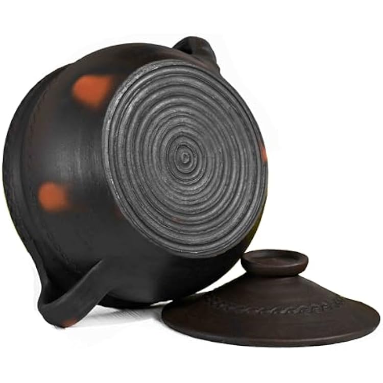 High Wind Flamed Dark Primitive Cooking Pot with Handles - Hand Etched - Made from Fire Clay: Compact Design for Stove Top and Open Fire