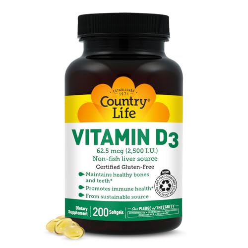 Country Life Vitamin D3 2500 IU Non-Fish Derived, High Potency Vitamin D3 for Bone Strength, Immune Support & Calcium Absorption Certified Gluten-Free, 200 Softgels