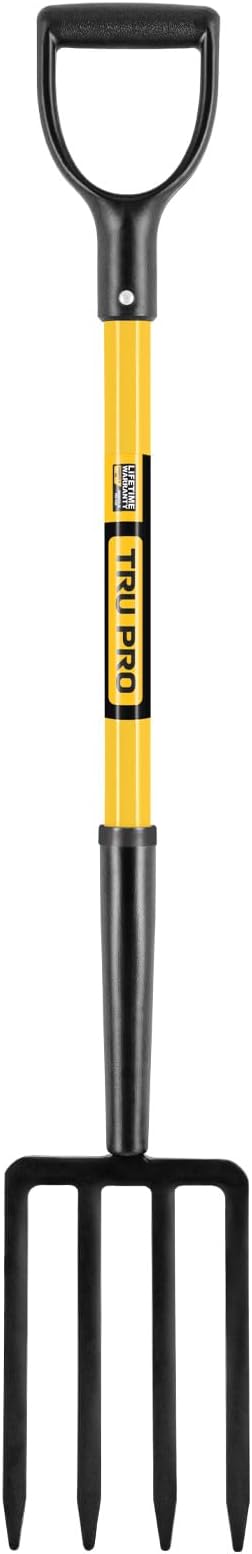 Truper Tru Pro 4-Tine Spading Fork, 30-Inch Heavy-Duty Fiberglass Handle with D-Grip, Professional Forged Steel Digging and Aerating Tool (Model BJ-4F / 30299)