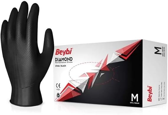 Beybi Diamond Pudrasız Çok Amaçlı Siyah Kalın Nıtrl Eldiven - 100'lük Kutu
