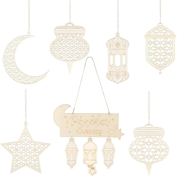 GROBRO7 7Pcs Ramadan Kareem Wooden Ornaments Star Moon Lantern Shape Hanging Plaque Sign Decoration Durable Mubarak Pendant DIY Indoor Outdoor Decorating for Eid Ramadan Decorations