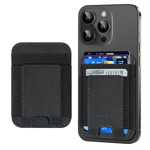 ExtreLife Phone Card Holder, Leather Wallet Stick On, Strongest Adhesive, RFID Blocking, Fit 7 Cards, Black