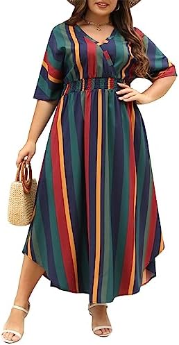 Nemidor Womens Casual Plus Size Summer Maxi Dresses Boho Print Flared Long Dress with Pocket 14-26