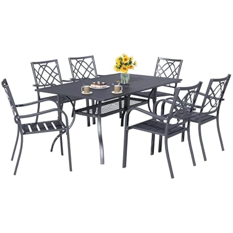 SOLAURA 7-Piece Outdoor Patio Dining Set, 6 Person Outside Table and Chairs Set, Metal Stacked Chairs of 6, Slat Table Top with 1.57 Umbrella Hole Black