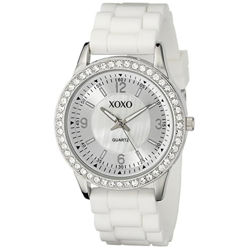 XOXO Womens Rhinestone Bezel Watch with White Silicone Strap, Mother-of-Pearl Sunray Dial, Quartz Movement, 40mm Stainless Steel Case, Fits Wrists 5.5 to 8