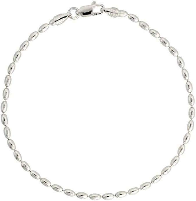 925 Sterling Silver Italian Oval Bead Necklace, 3MM, 4MM Sterling Silver Bead Ball Necklace, Rice Bead Chain Necklace, Beaded Necklace Jewelry, Men and Women, 6-36 Inch