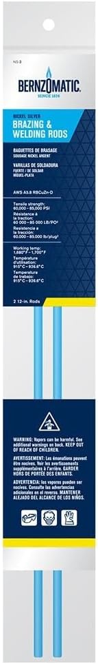 Bernzomatic NS3 Nickel-Silver Flux Coated Brazing/Welding Rods, 2-Piece , Blue