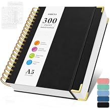 Bullet Dotted Journal Spiral Notebook, 300 Pages Leather Notebooks with Contens, 120 GSM Thick No Bleed Through Paper Journals, A5 Dot Grid Notebook for Women Men School Work Writing, 5.5" x 8", Black