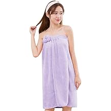 Women Wearable Bath Towel Wrap Soft Coral Fleece Shower Cover Up Adjustable Spa Travel Swim Robes with Bowknot