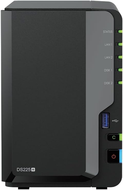 Synology DS225+ 12TB (Synology HAT33) 2-bay Plus series - Intel Celeron J4125 quad-core, 2GB non-ECC DDR4 SODIMM upgradable to 6GB using D4NS01-4G. 1 x 2.5GbE and 1 x 1GbE RJ-45 LAN port