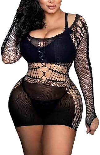 Sexy Womens Lingerie Dress Fishnet Bodycon Stripper Outfit Hollow Out Mesh Chemise Babydoll Bodycon Beach Cover Up