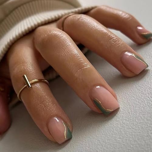 Extra Short Press on Nails Green and Gold Fake Nails Square Nails Press ons with Swirls Designs Reusable Acrylic Nails Glossy Full Cover Artificial Stick on Nails for Women Manicure 24 Pcs