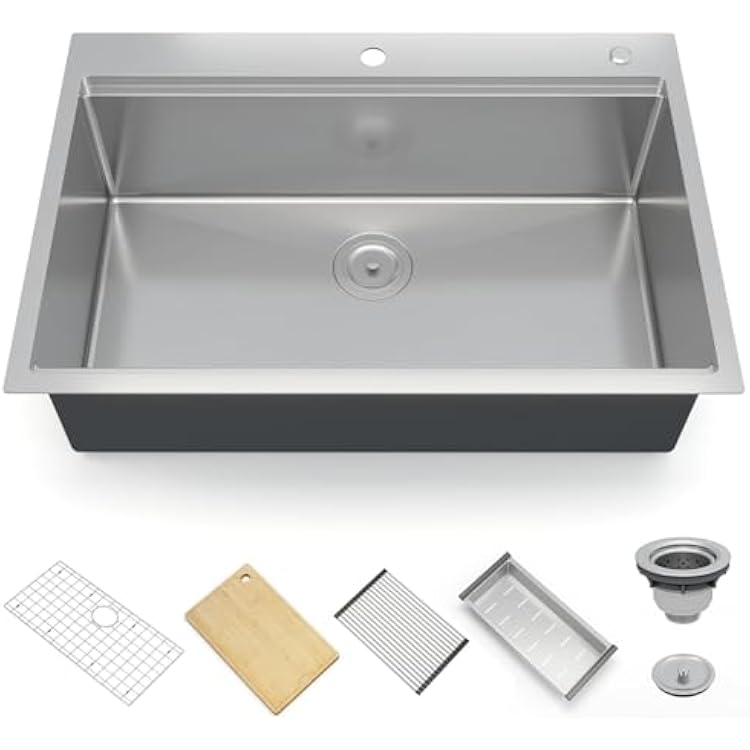 Kitchen Sink, Drop-In Kitchen Sink 30 Inch, Top Mount Kitchen Sink, 304 Stainless Steel Sink, Single Bowl Kitchen Sink with Accessories