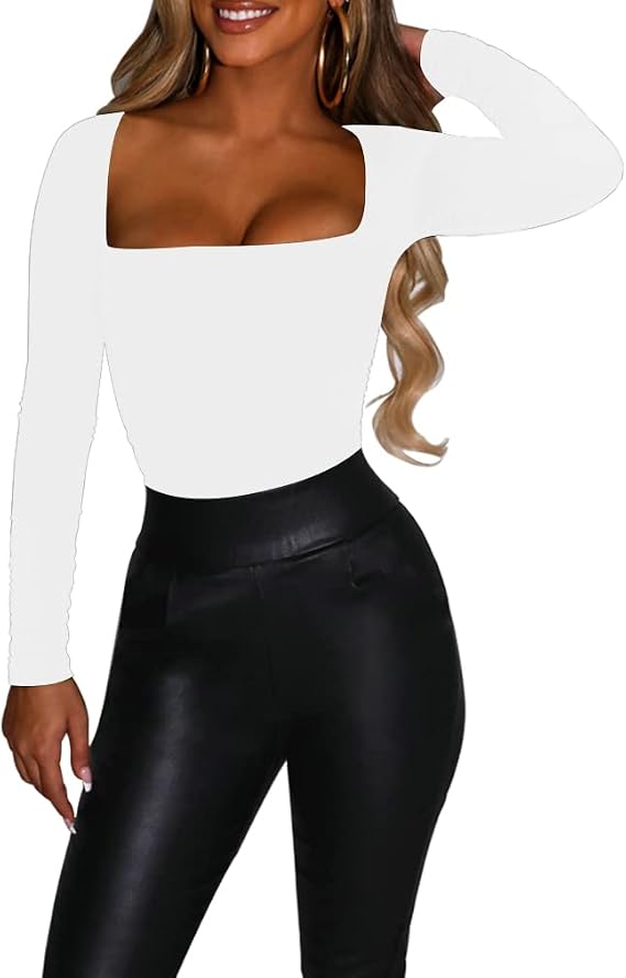 LuFeng Women's Sexy Square Neck Ruched Long Sleeve Bodycon Tops Fitted Casual Evening Party T Shirts
