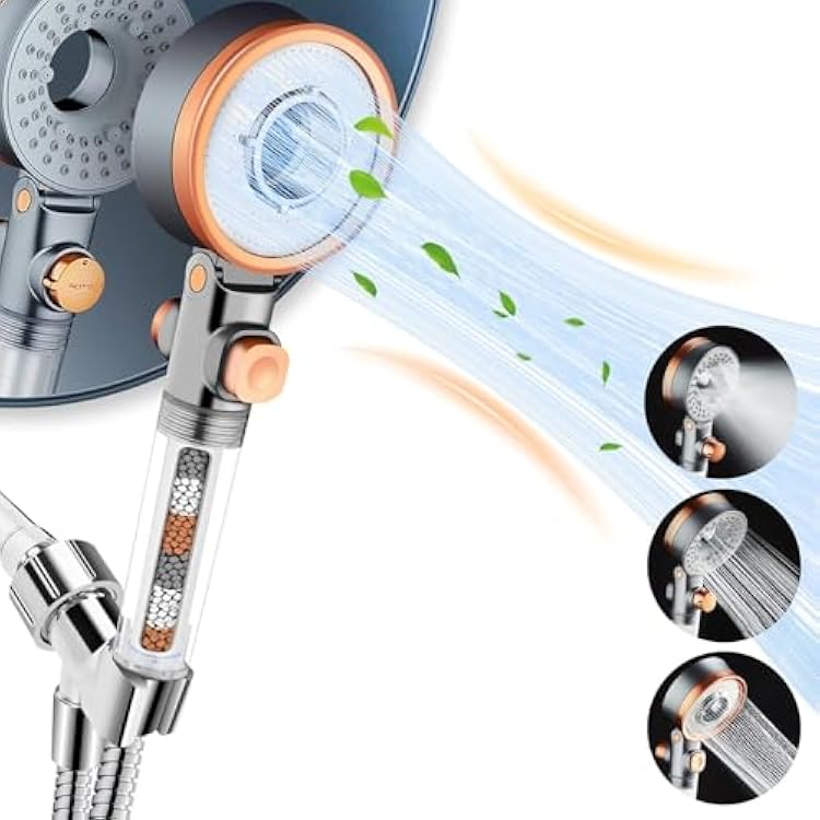 Filtered Shower Head with Handheld Spray for Skin and Hair Care, High Pressure 3 Modes Turbo Showerhead with Filters for Hard Water, 59 On Leaks Shower Hose, ONOFF Button, Adjustable Flow