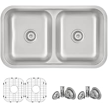 Stylish 32.25 x 18.88 Inch Drop in or Undermount Kitchen Sink 8.5 Inches Deep Double Bowl 16G Stainless Steel Sink with Bottom Grids and Standard Metal Strainers, S-202XTG
