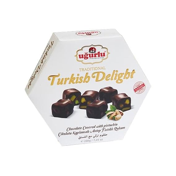 Ugurlu Traditional Turkish Delight Chocolate Covered with Pistachio, Gift Pack, 200g/7.05oz, Full Size