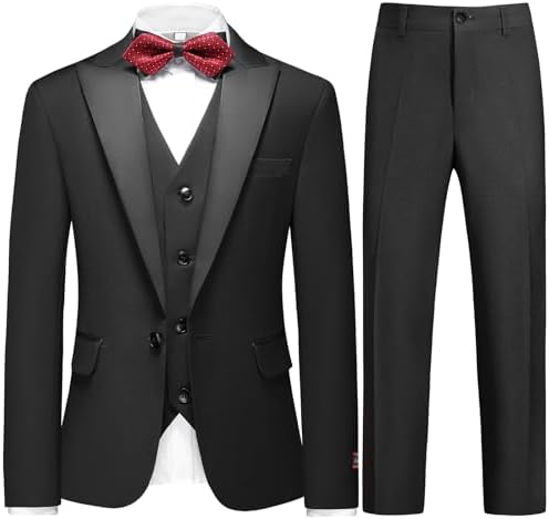 Boys Suits 3 Piece Slim Fit Formal Set One Button Solid Tuxedo Jacket Vest Pant for Kids Prom Wedding 4-16 Years Peak Lapel