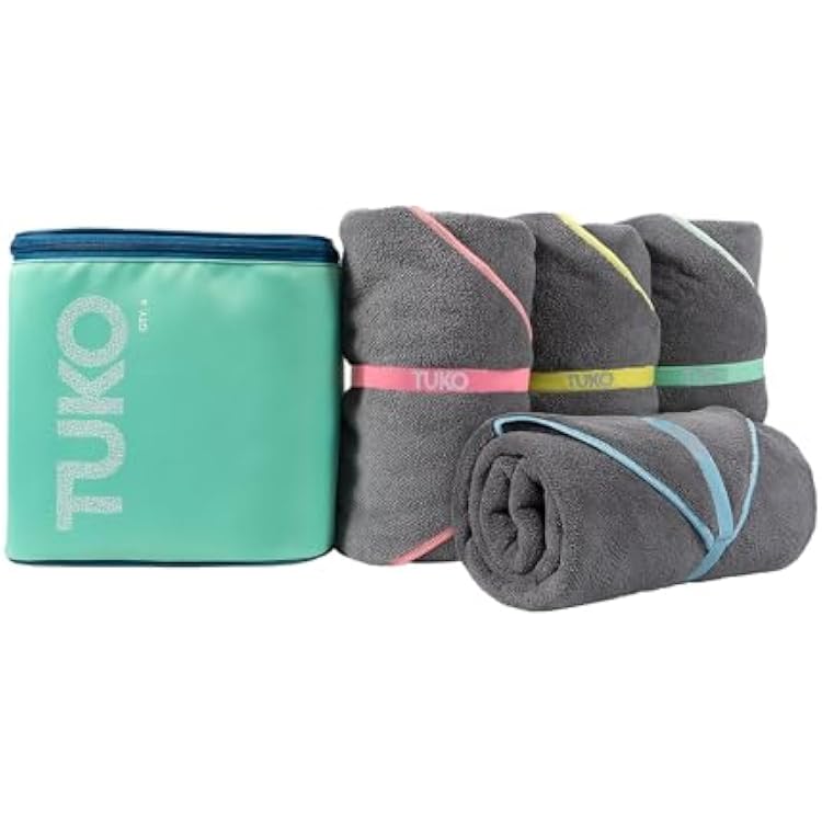 MISSION Tuko Microfiber Beach Towel Set with Water-Resistant Carrying Case for Boating and Swimming Teal Bag Holder, 60L x 30W, Set of 4