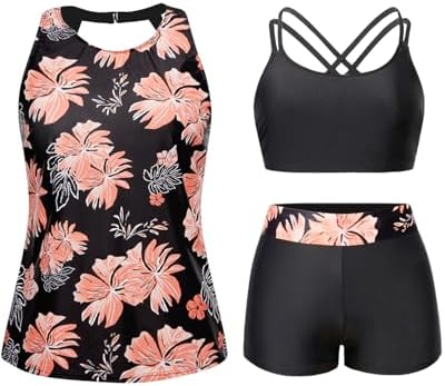 Tempt Me 3 Piece Swimsuit for Women Tankini Bathing Suit Modest High Neck Tank Tops Swimwear with Shorts
