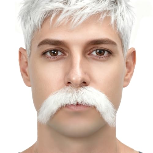 100% Hand Knoted Lace Base Heat Resistant Synthetic Fiber Fake Novelty Beard Goatee Halloween Costume Facial Hair Mustache White